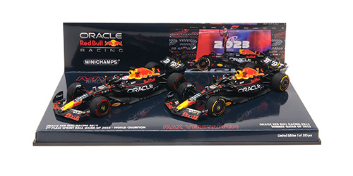 2-CAR-SET - ORACLE RED BULL RACING RB19 - MAX VERSTAPPEN - WORLD CHAMPION QATAR SPRINT &amp; GP 2023