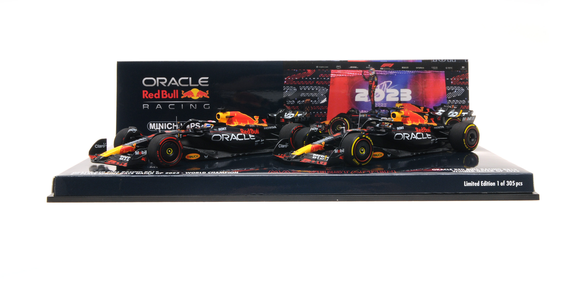 2-CAR-SET - ORACLE RED BULL RACING RB19 - MAX VERSTAPPEN - WORLD CHAMPION QATAR SPRINT & GP 2023